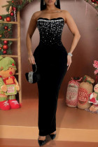 Black Sexy Backless Slit Hot Drill Strapless Long Dresses