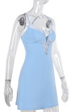 Blue Sexy Solid Color Lace Patchwork Spaghetti Strap Sling Dresses