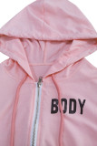 Pink Casual Letters Pocket Patchwork Zipper Hooded Long Sleeve Two Pieces