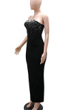 Red Sexy Backless Slit Hot Drill Strapless Long Dresses