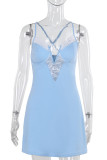 Blue Sexy Solid Color Lace Patchwork Spaghetti Strap Sling Dresses