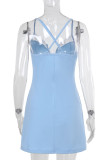 Blue Sexy Solid Color Lace Patchwork Spaghetti Strap Sling Dresses
