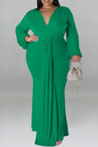 Green Casual Solid Color Patchwork Ruched V Neck Long Plus Size Dresses