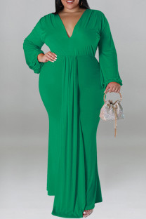 Green Casual Solid Color Patchwork Ruched V Neck Long Plus Size Dresses