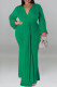 Green Casual Solid Color Patchwork Ruched V Neck Long Plus Size Dresses