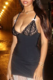 Black Sexy Solid Color Lace Patchwork Spaghetti Strap Tops