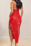 Red Elegant Solid Color Fringed Trim Sequins Patchwork V Neck Irregular Dresses