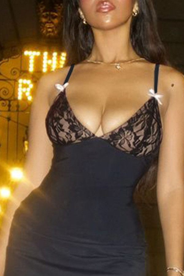 Black Sexy Solid Color Lace Patchwork Spaghetti Strap Tops