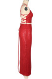 White Sexy Solid Color Sequins Patchwork Backless High Slit Spaghetti Strap Two Pieces