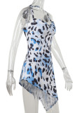 Leopard Print Sexy Print Patchwork Backless Halter Irregular Dresses