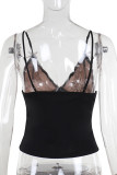 Black Sexy Solid Color Lace Patchwork Spaghetti Strap Tops