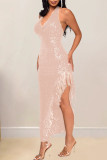 Red Elegant Solid Color Fringed Trim Sequins Patchwork V Neck Irregular Dresses