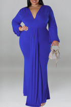 Blue Casual Solid Color Patchwork Ruched V Neck Long Plus Size Dresses