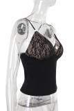Black Sexy Solid Color Lace Patchwork Spaghetti Strap Tops