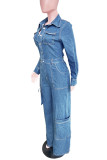 Blue Casual Solid Color Pocket Buckle Patchwork Turndown Collar Long Sleeve Regular Denim Jumpsuits