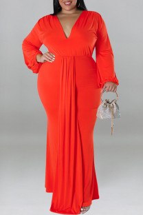 Tangerine Red Casual Solid Color Patchwork Ruched V Neck Long Plus Size Dresses