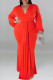 Tangerine Red Casual Solid Color Patchwork Ruched V Neck Long Plus Size Dresses
