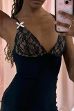 Black Sexy Solid Color Lace Patchwork Spaghetti Strap Tops