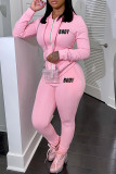 Pink Casual Letters Pocket Patchwork Zipper Hooded Long Sleeve Two Pieces