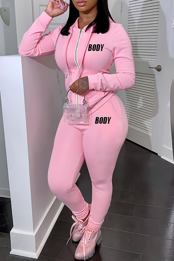 Pink Casual Letters Pocket Patchwork Zipper Hooded Long Sleeve Two Pieces