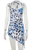Leopard Print Sexy Print Patchwork Backless Halter Irregular Dresses