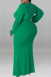 Purple Casual Solid Color Patchwork Ruched V Neck Long Plus Size Dresses