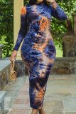 Blue Casual Print Patchwork O Neck Long Dresses