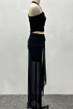 Black Casual Solid Color Patchwork Backless Ruched Halter Two Pieces