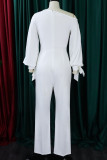 White Casual Solid Color Patchwork Strap Design Oblique Collar Bodycon Jumpsuits