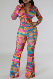 Multicolor Casual Print Zipper Contrast Zipper Collar Long Sleeve Two Pieces