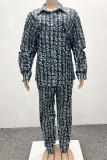 Blue Black Casual Print Pocket Buckle Patchwork Turndown Collar Long Sleeve Two Pieces