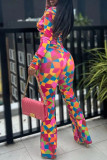 Multicolor Casual Print Zipper Contrast Zipper Collar Long Sleeve Two Pieces