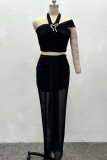 Black Casual Solid Color Patchwork Backless Ruched Halter Two Pieces