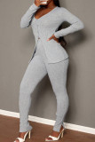 Silver Casual Solid Color Buckle Slit V Neck Long Sleeve Two Pieces