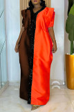 Orange Casual Patchwork Sequins Contrast V Neck Long Plus Size Dresses