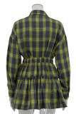 Yellow Casual Plaid Buckle Patchwork Turndown Collar Long Sleeve Two Pieces