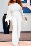 White Casual Solid Color Patchwork Strap Design Oblique Collar Bodycon Jumpsuits