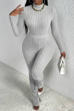 Silver Gray Casual Solid Color Slit Ruched Turtleneck Long Sleeve Two Pieces