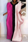Orange Casual Patchwork Sequins Contrast V Neck Long Plus Size Dresses