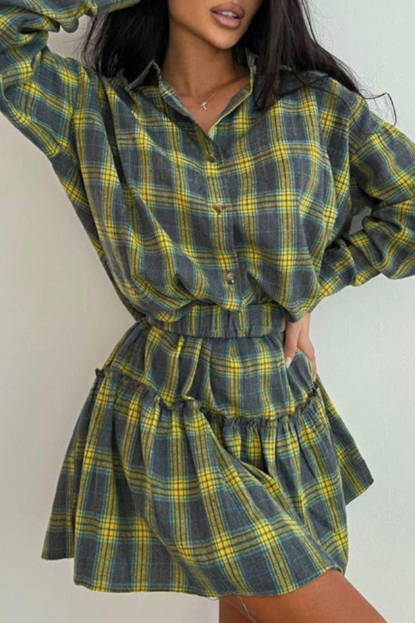 Yellow Casual Plaid Buckle Patchwork Turndown Collar Long Sleeve Two Pieces