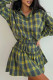 Yellow Casual Plaid Buckle Patchwork Turndown Collar Long Sleeve Two Pieces
