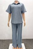 Grey Casual Solid Color Patchwork Turndown Collar Short Sleeve Two Pieces