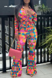 Multicolor Casual Print Zipper Contrast Zipper Collar Long Sleeve Two Pieces