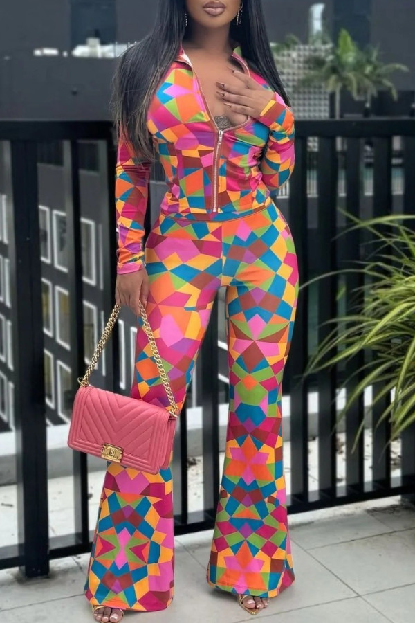 Multicolor Casual Print Zipper Contrast Zipper Collar Long Sleeve Two Pieces