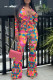 Multicolor Casual Print Zipper Contrast Zipper Collar Long Sleeve Two Pieces
