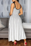 White Casual Striped Print Patchwork Backless Spaghetti Strap Long Dresses