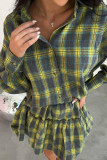 Yellow Casual Plaid Buckle Patchwork Turndown Collar Long Sleeve Two Pieces