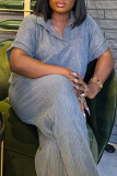Grey Casual Solid Color Patchwork Turndown Collar Short Sleeve Two Pieces