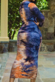 Blue Casual Print Patchwork O Neck Long Dresses