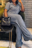 Grey Casual Solid Color Patchwork Turndown Collar Short Sleeve Two Pieces